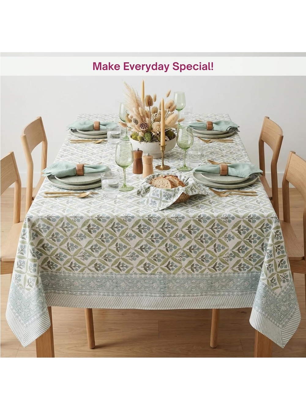 NEW ATOSII 100% Cotton Blockprint Rectangle Table Cloth, Netta Green